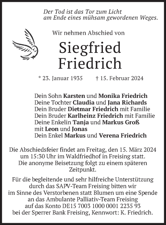 Todesanzeige von Siegfried Friedrich von merkurtz