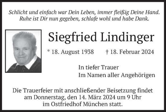Todesanzeige von Siegfried Lindinger von merkurtz