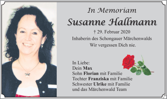 Todesanzeige von Susanne Hallmann von merkurtz