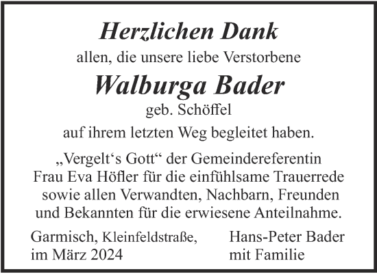 Todesanzeige von Walburga Bader von merkurtz