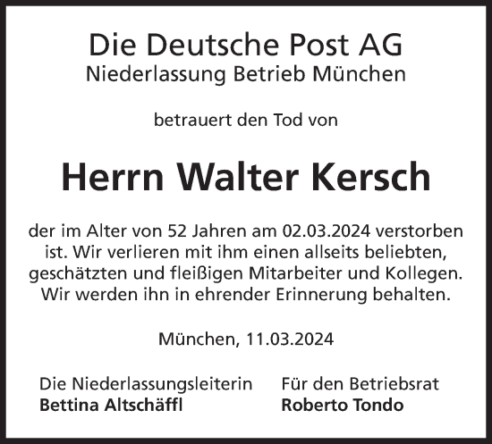 Todesanzeige von Walter Kersch von merkurtz