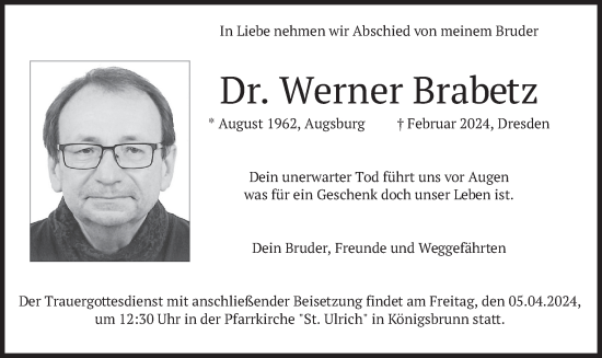 Todesanzeige von Werner Brabetz von merkurtz