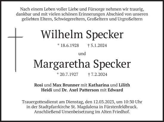 Todesanzeige von Wilhelm und Margaretha Specker von merkurtz