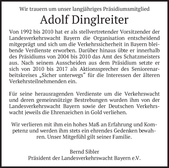 Todesanzeige von Adolf Dinglreiter von merkurtz