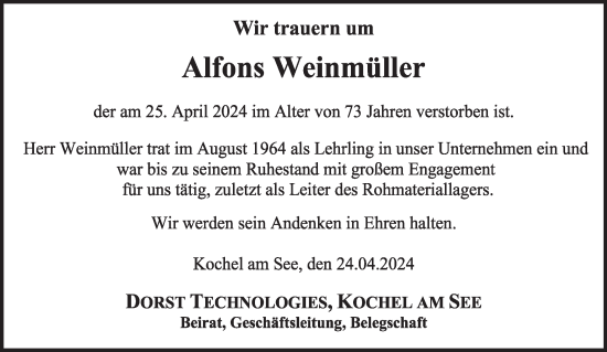 Todesanzeige von Alfons Weinmüller von merkurtz