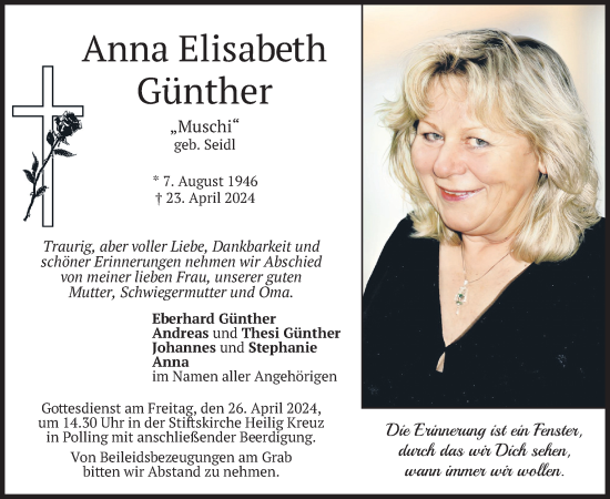Todesanzeige von Anna Elisabeth Günther von merkurtz