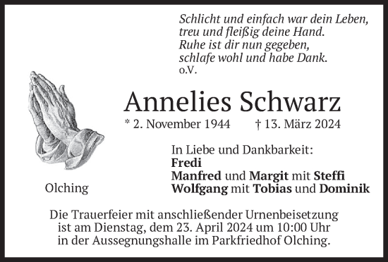 Todesanzeige von Annelies Schwarz von merkurtz