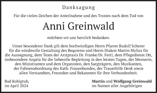 Todesanzeige von Anni Greinwald von merkurtz