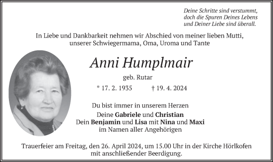 Todesanzeige von Anni Humplmair von merkurtz