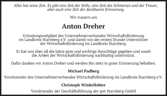 Todesanzeige von Anton Dreher von merkurtz