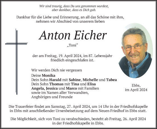 Todesanzeige von Anton Eicher von merkurtz