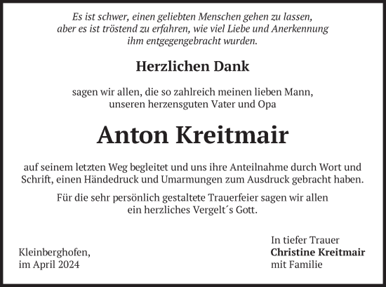 Todesanzeige von Anton Kreitmair von merkurtz