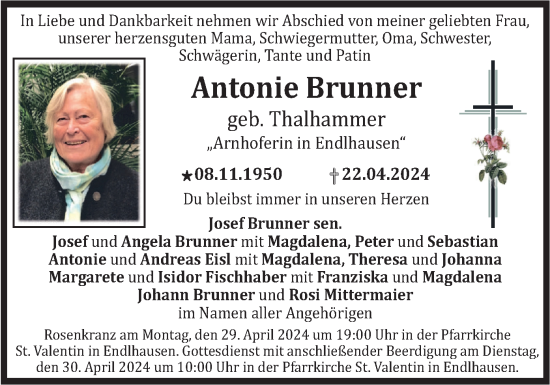 Todesanzeige von Antonie Brunner von merkurtz