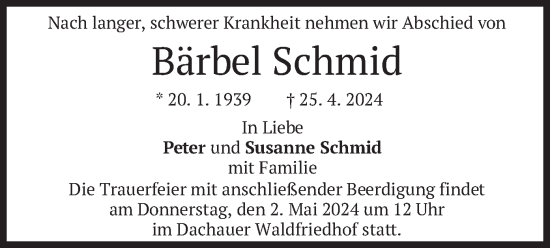 Todesanzeige von Bärbel Schmid von merkurtz