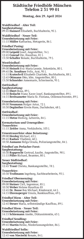 Todesanzeige von Beerdigungen vom 29.04.2024 von merkurtz