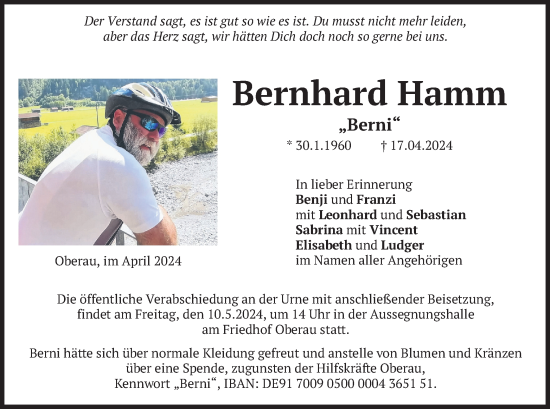 Todesanzeige von Bernhard Hamm von merkurtz