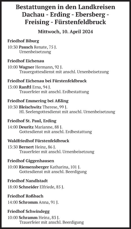 Todesanzeige von Bestattungen vom 10.04.2024 von merkurtz