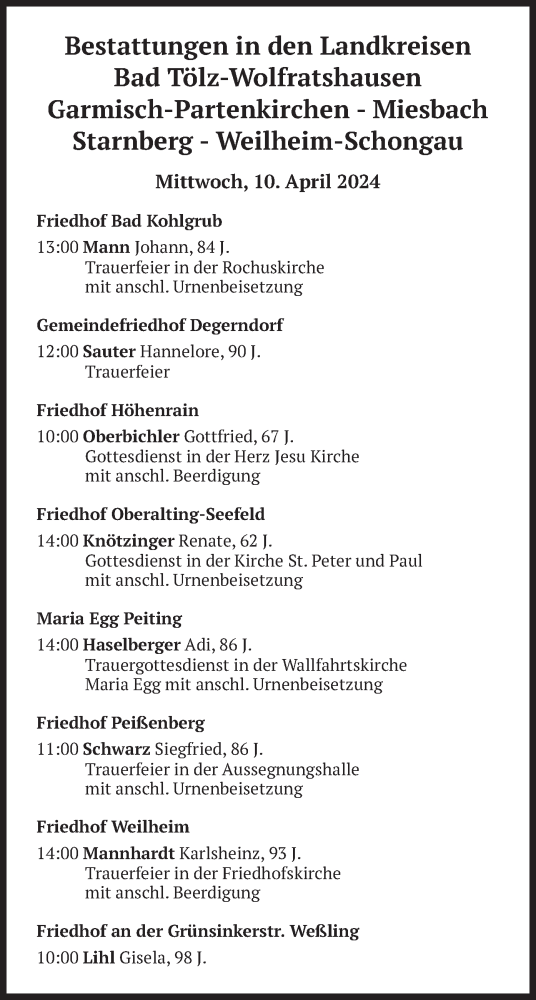Todesanzeige von Bestattungen vom 10.04.2024 von merkurtz
