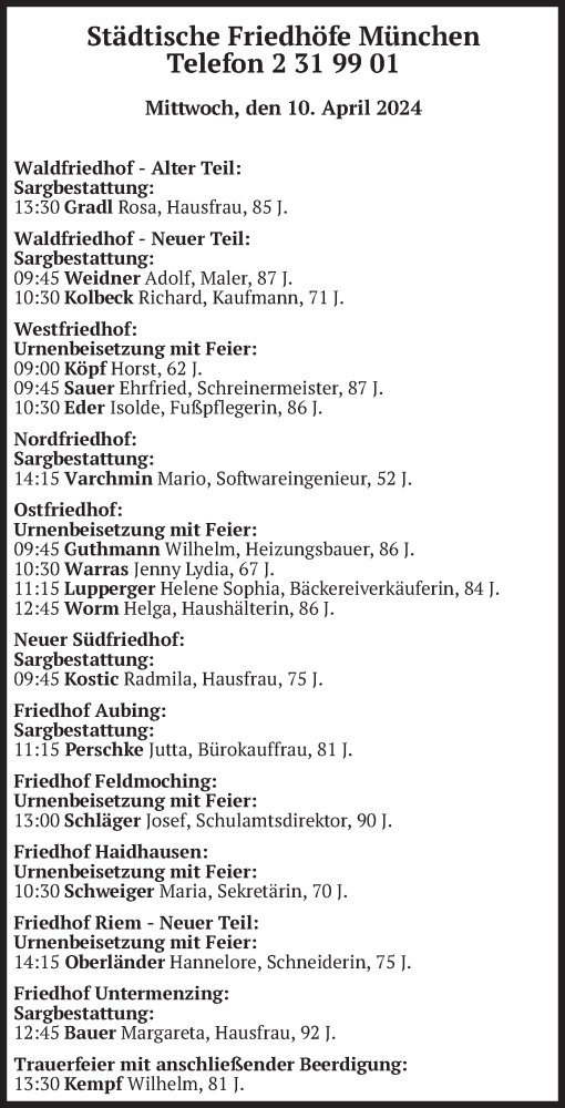 Todesanzeige von Bestattungen vom 10.04.2024 von merkurtz