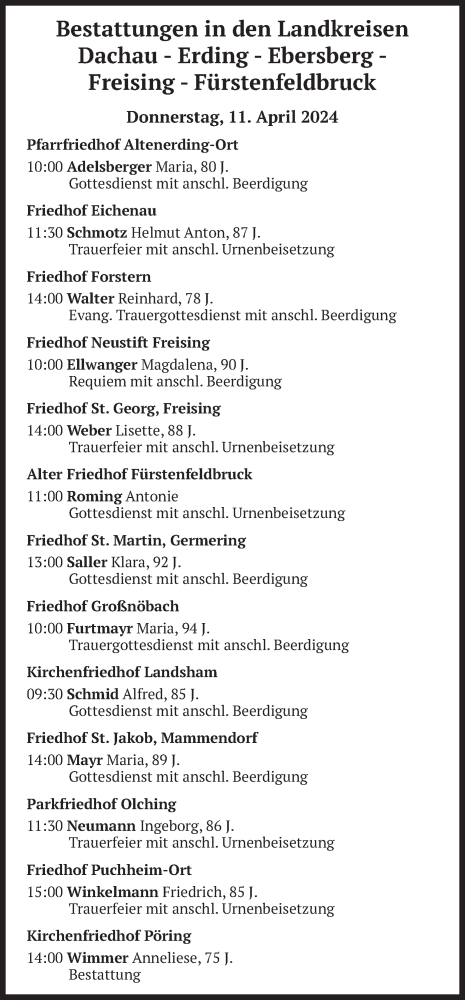 Todesanzeige von Bestattungen vom 11.04.2024 von merkurtz