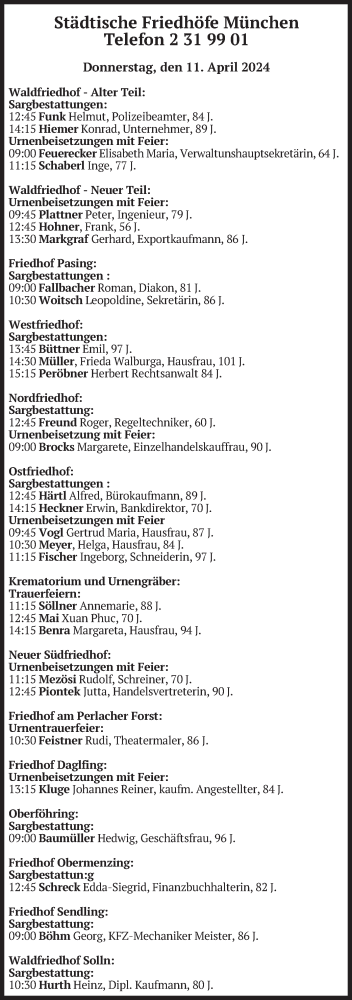Todesanzeige von Bestattungen vom 11.04.2024 von merkurtz