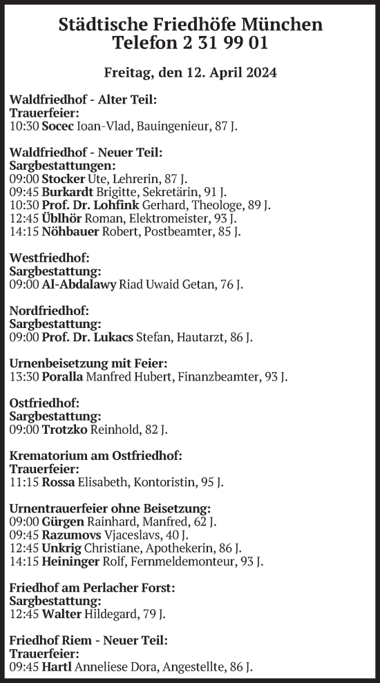 Todesanzeige von Bestattungen vom 12.04.2024 von merkurtz