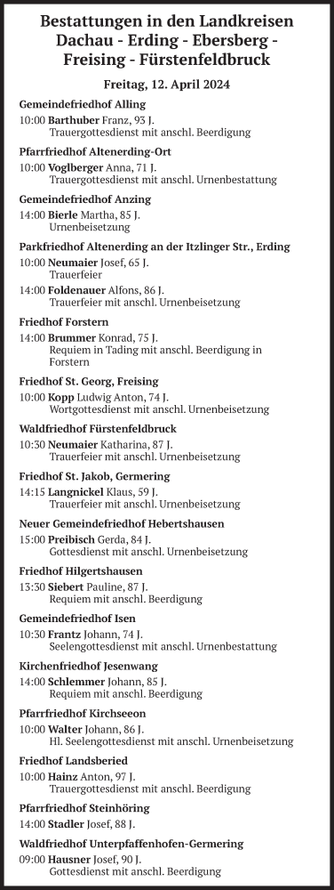 Todesanzeige von Bestattungen vom 12.04.2024 von merkurtz