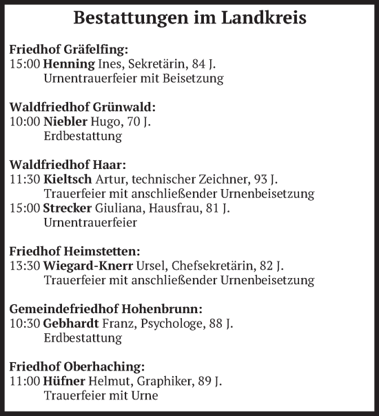 Todesanzeige von Bestattungen vom 29.04.2024 von merkurtz