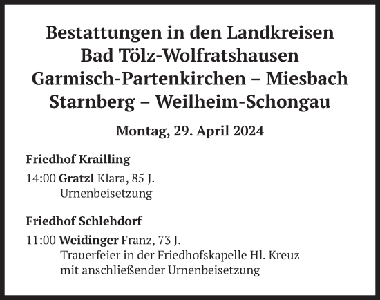 Todesanzeige von Bestattungen vom 29.04.2024 von merkurtz