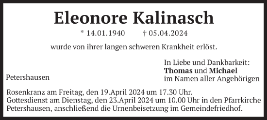 Todesanzeige von Eleonore Kalinasch von merkurtz