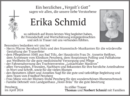 Todesanzeige von Erika Schmid von merkurtz