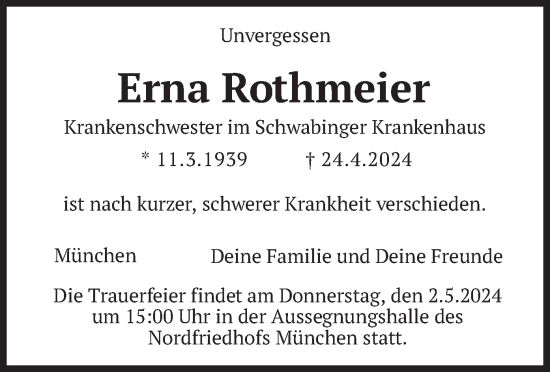 Todesanzeige von Erna Rothmeier von merkurtz