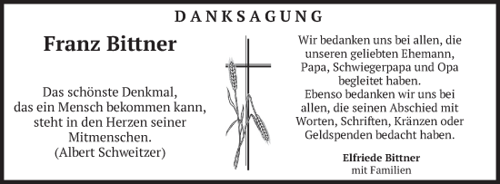 Todesanzeige von Franz Bittner von merkurtz