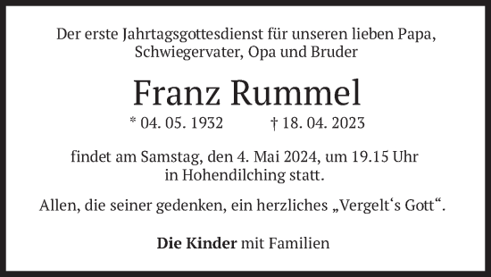 Todesanzeige von Franz Rummel von merkurtz