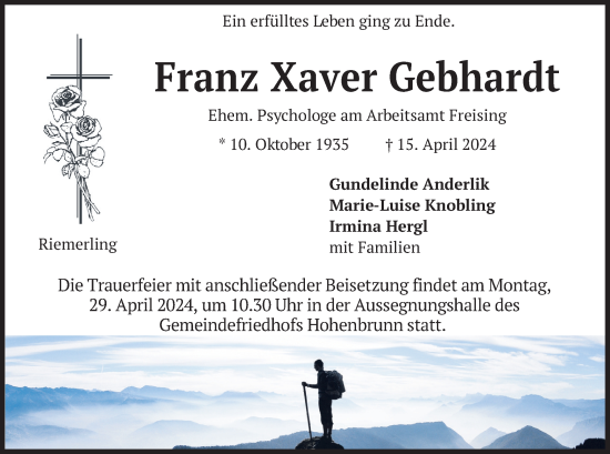 Todesanzeige von Franz Xaver Gebhardt von merkurtz