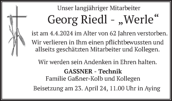 Todesanzeige von Georg Riedl von merkurtz