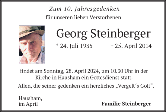 Todesanzeige von Georg Steinberger von merkurtz