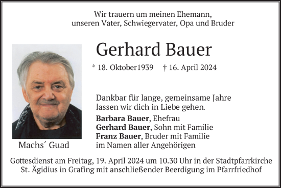Todesanzeige von Gerhard Bauer von merkurtz