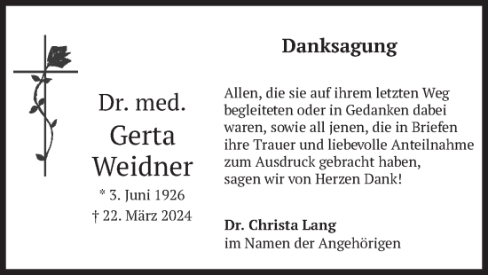 Todesanzeige von Gerta Weidner von merkurtz