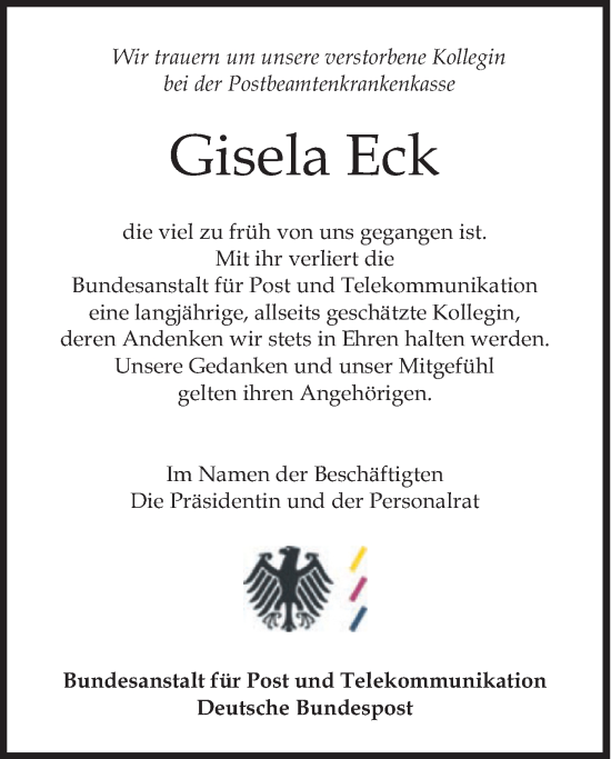 Todesanzeige von Gisela Eck von merkurtz