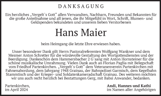 Todesanzeige von Hans Maier von merkurtz