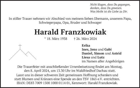 Todesanzeige von Harald Franzkowiak von merkurtz
