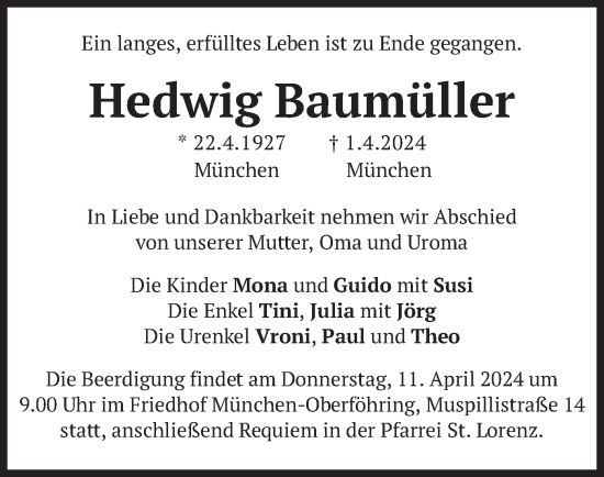Todesanzeige von Hedwig Baumüller von merkurtz