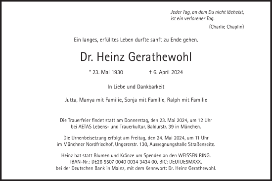 Todesanzeige von Heinz Gerathewohl von merkurtz
