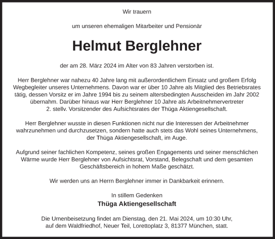 Todesanzeige von Helmut Berglehner von merkurtz