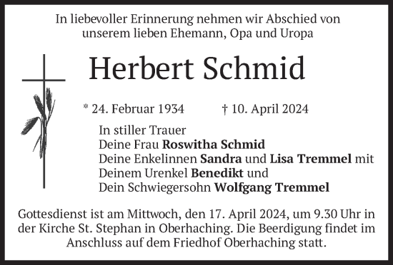 Todesanzeige von Herbert Schmid von merkurtz