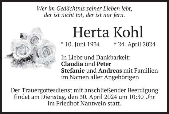 Todesanzeige von Herta Kohl von merkurtz