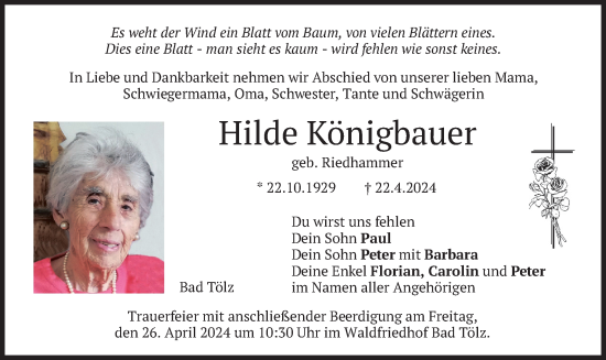 Todesanzeige von Hilde Königbauer von merkurtz