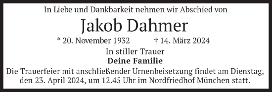 Todesanzeige von Jakob Dahmer von merkurtz