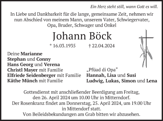 Todesanzeige von Johann Böck von merkurtz